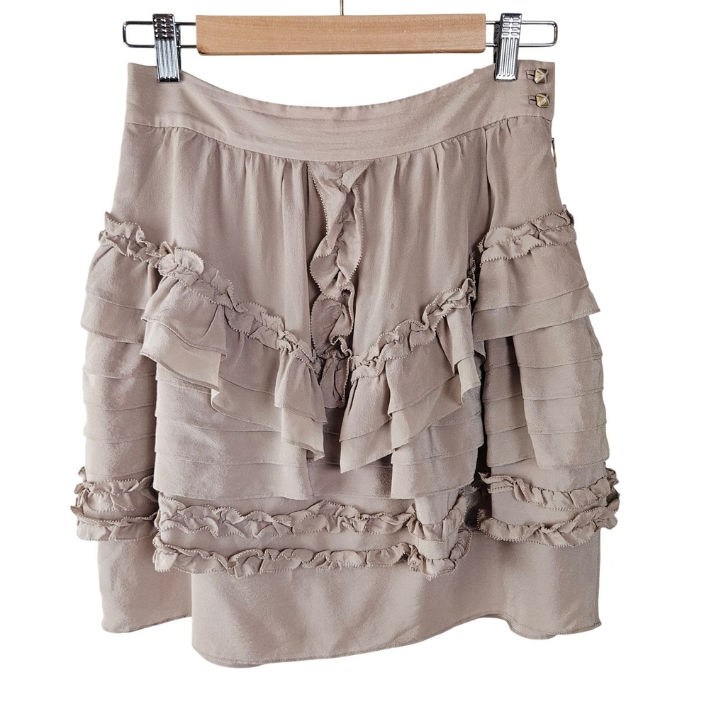 Leifsdottir Anthropologie Silk Ruffle Skirt Sz 0 Beige Ecru Mini